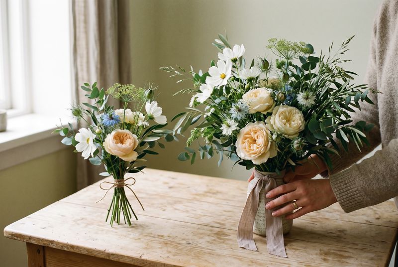 Billig standardbukett bredvid en personligt bunden premiumbukett från lokal florist i Stockholm