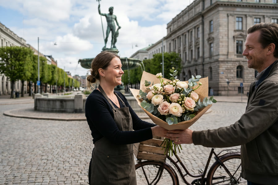 Lokal florist i Göteborg binder bukett av säsongsblommor