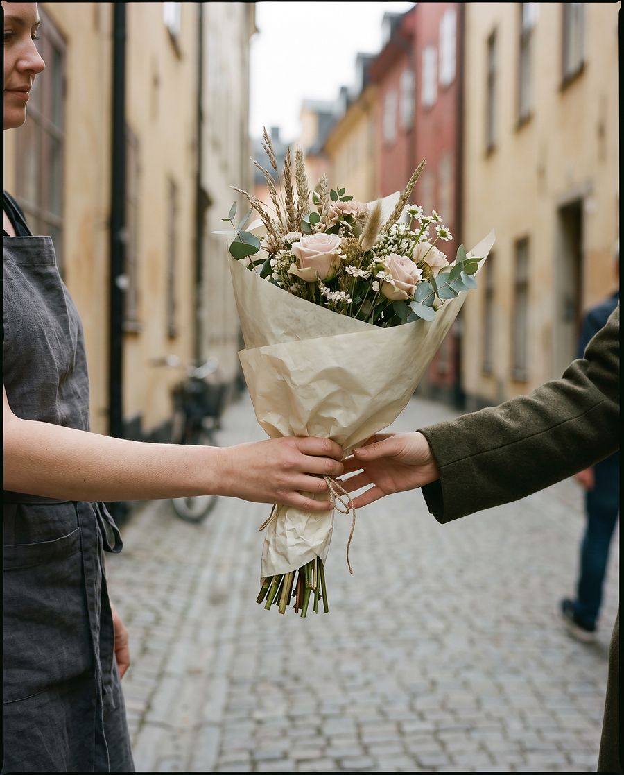 Florist binder bukett — blomsterbud och blomsterleverans i Sverige