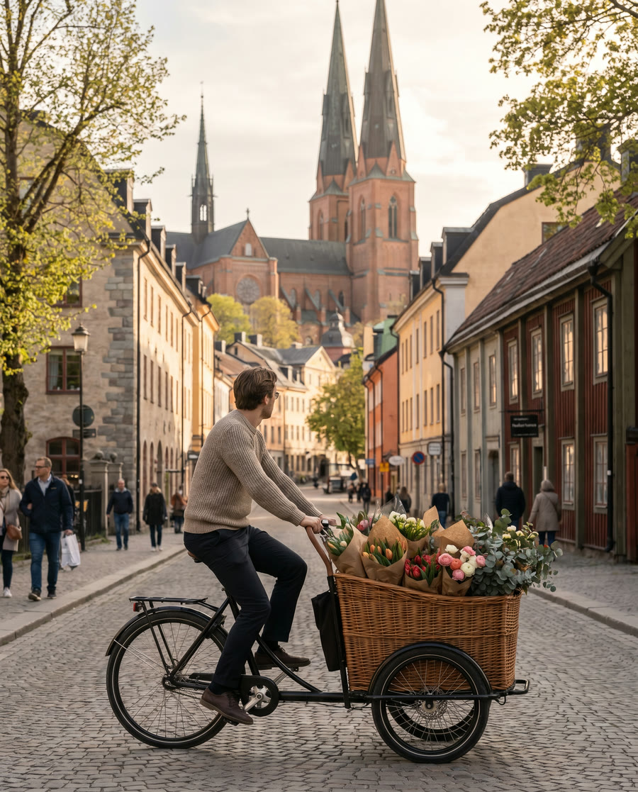 Blomsterbud i Uppsala — lokal florist med cykelleverans i Uppsala centrum