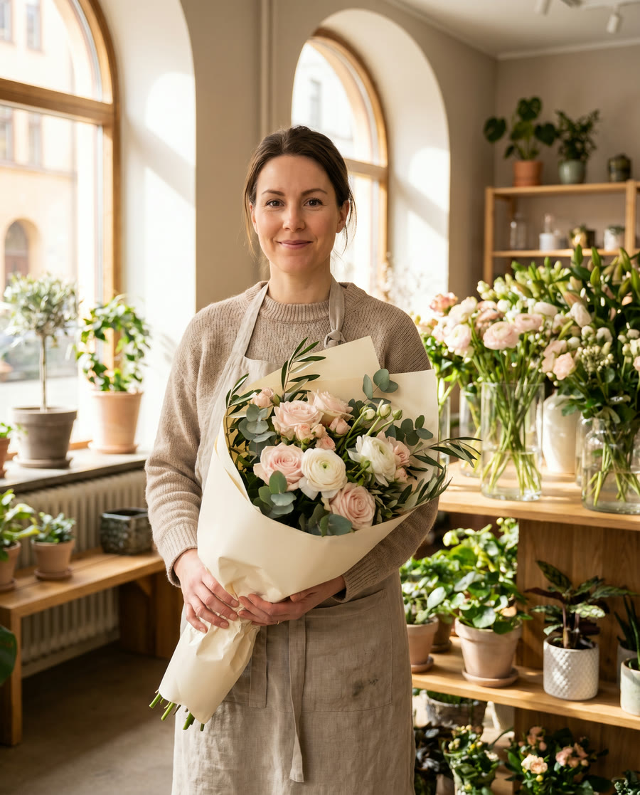 Lokal florist i Stockholm binder bukett av säsongsblommor
